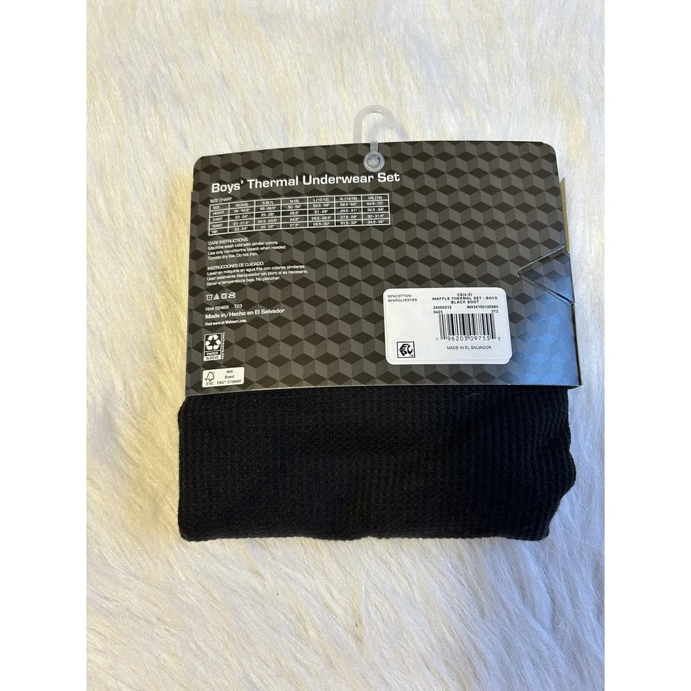 Athletic Works Thermal Underwear Set Boys‎ Size XS (4-5) Black Waffle Pajamas